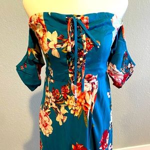 Band of Gypsies Teal Floral Off Shoulder Dress, Size Small